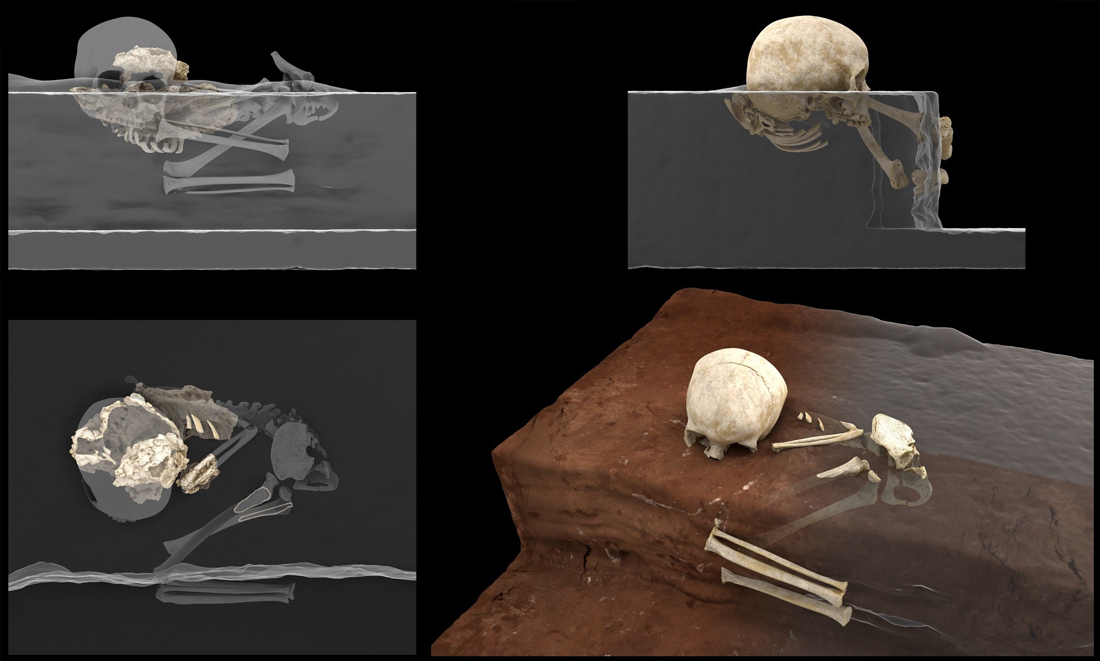 Virtual reconstructions of Mtoto's position in the burial pit.  (Image: Jorge González/Elena Santos)
