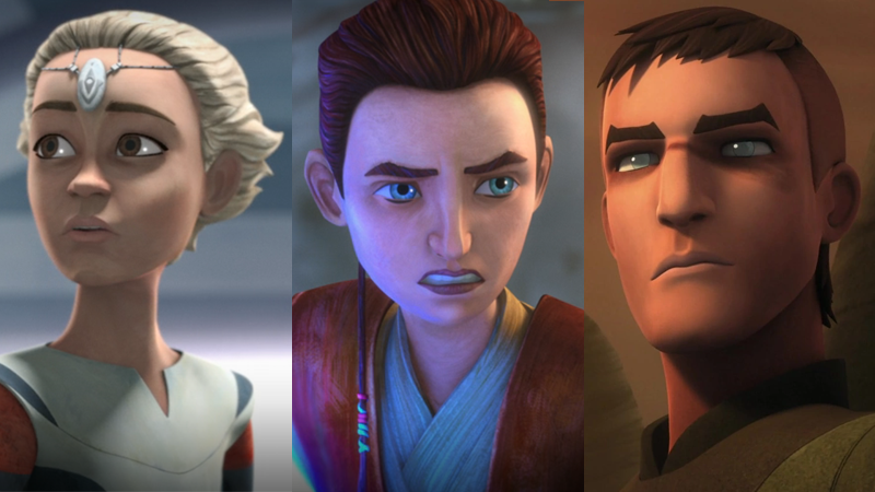 Omega, an entirely new character created for Bad Batch and Caleb Dume, the younger version of Rebels' Kanan Jarrus on the far right. (Screenshot: Disney)