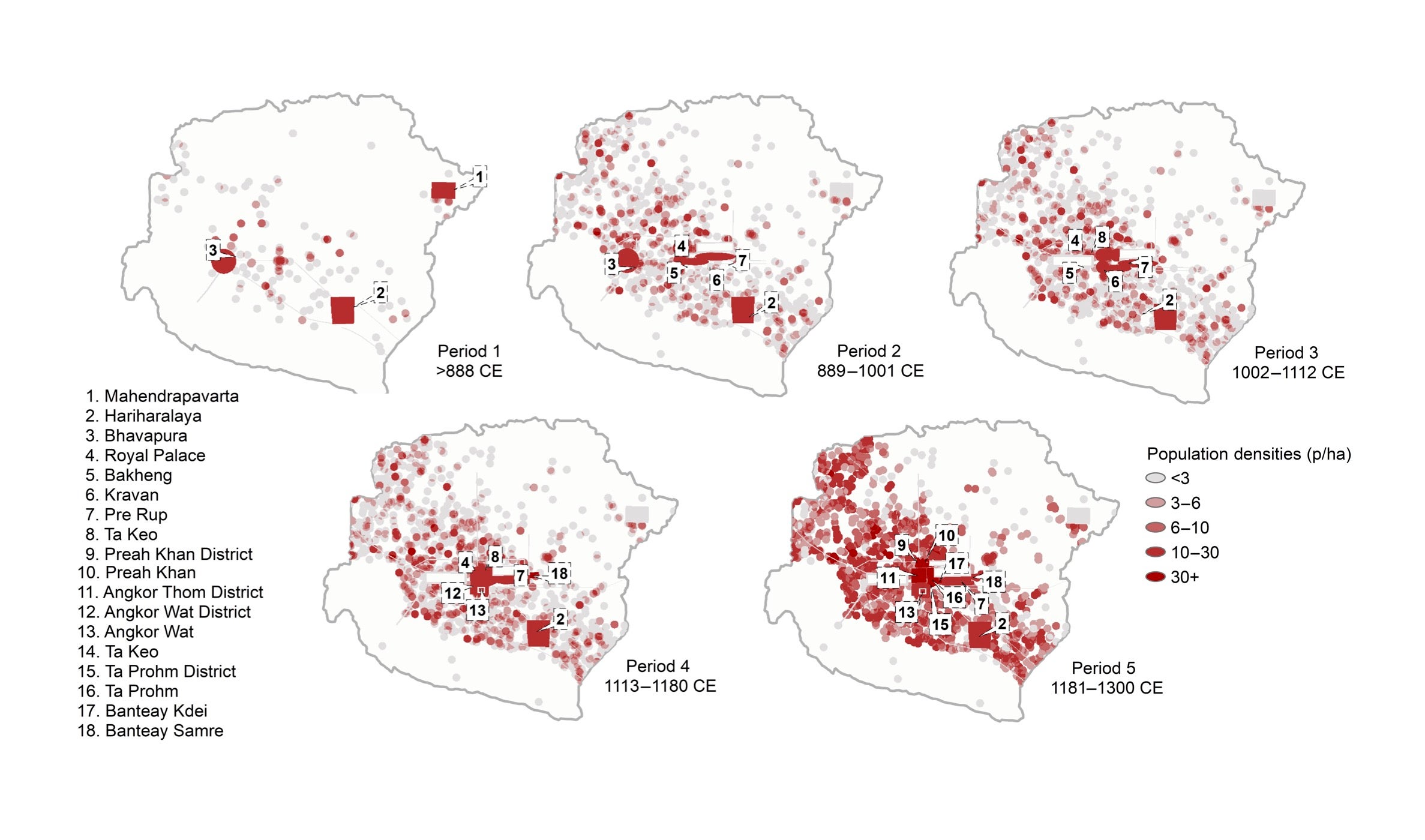 Densities of people per hectare in the Greater Angkor Region over time.  (Image: Sarah Klassen/Science Advances)