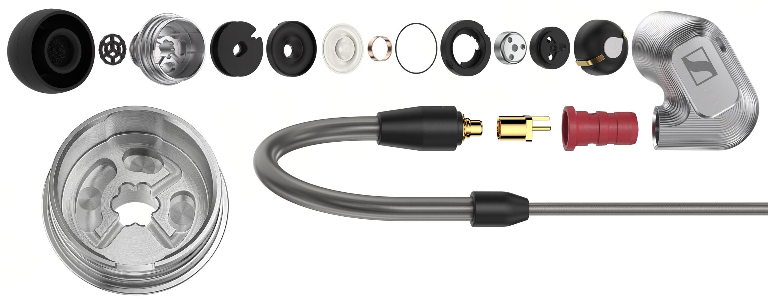 An exploded view of the dampening chambers inside the IE 900, as well as the components that make up the new driver Sennheiser developed for them. (Image: Sennheiser)