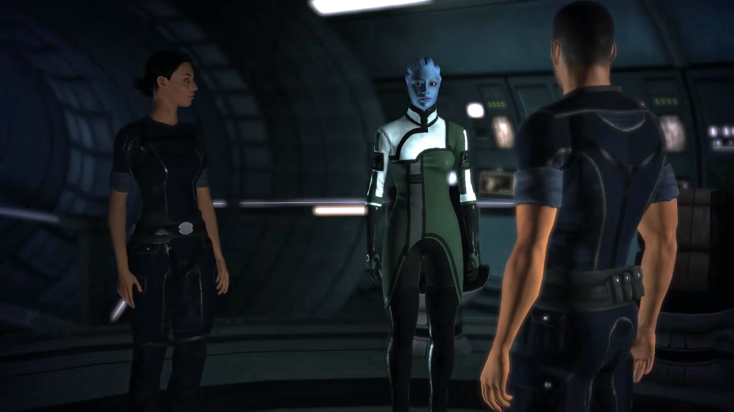 Ashley Williams (left) and Liara T'Soni (right) confront Commander Shepard after he expresses romantic interest in both of them, forcing him to pick who he truly feels affection for. (Screenshot: Bioware/EA)