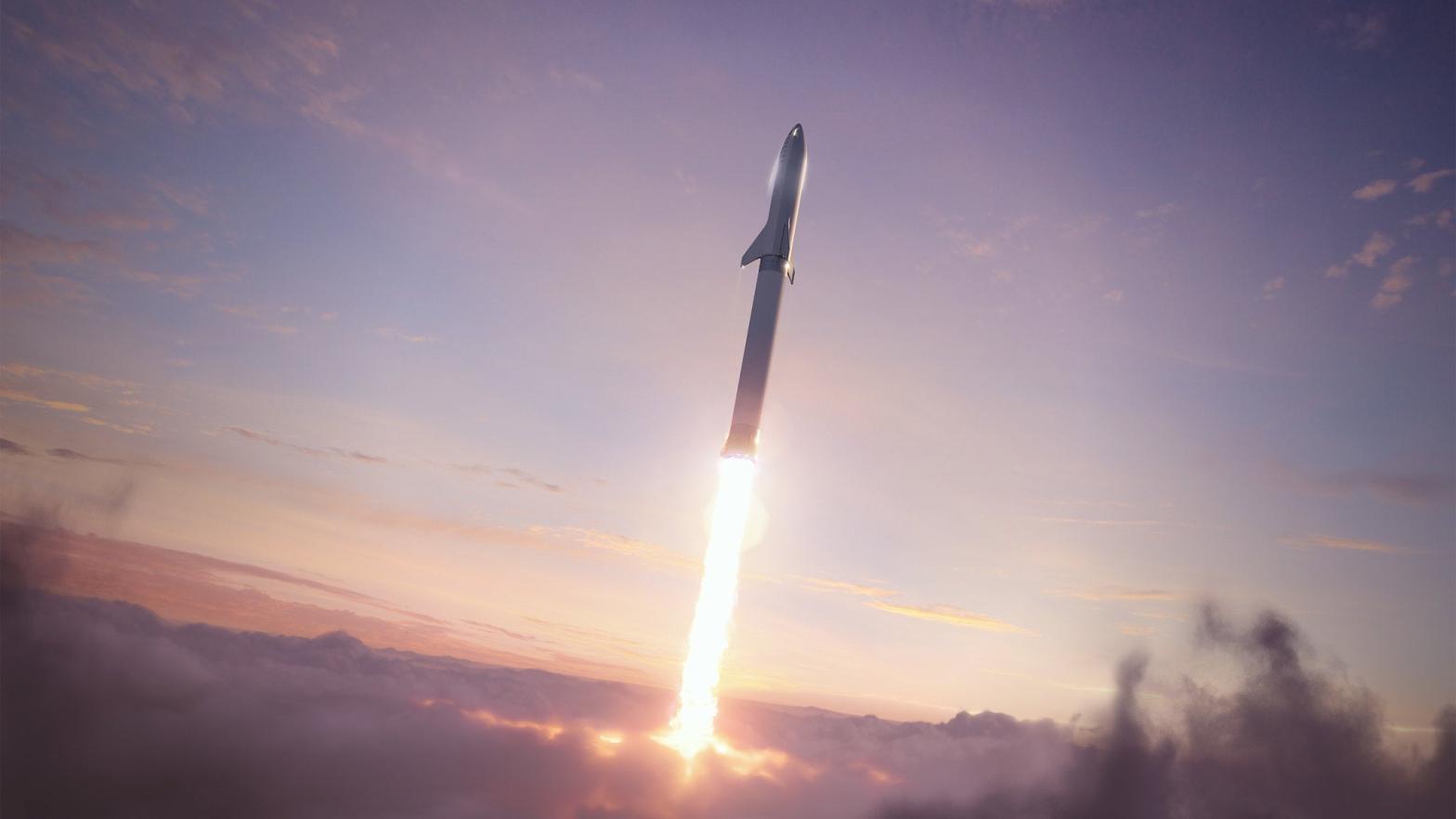 Conceptual image of a Starship launch involving both stages of the reuseable system.  (Image: SpaceX)