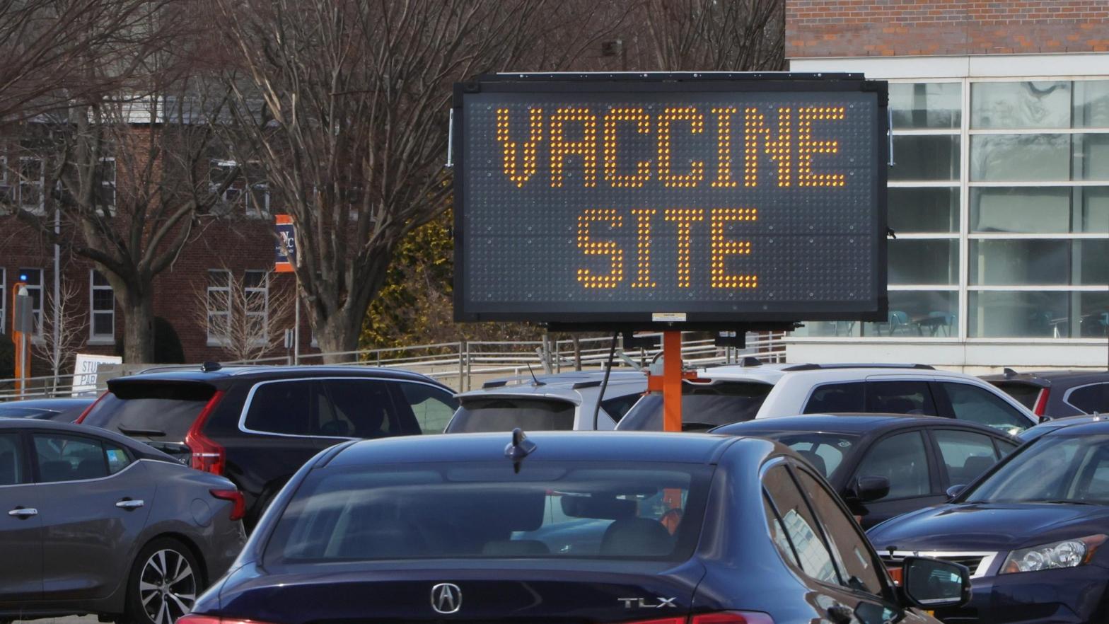 A sign greeting people who arrive to line up for covid-19 vaccines at Nassau Community College on January 10, 2021 in Garden City, New York.  (Photo: Bruce Bennett, Getty Images)