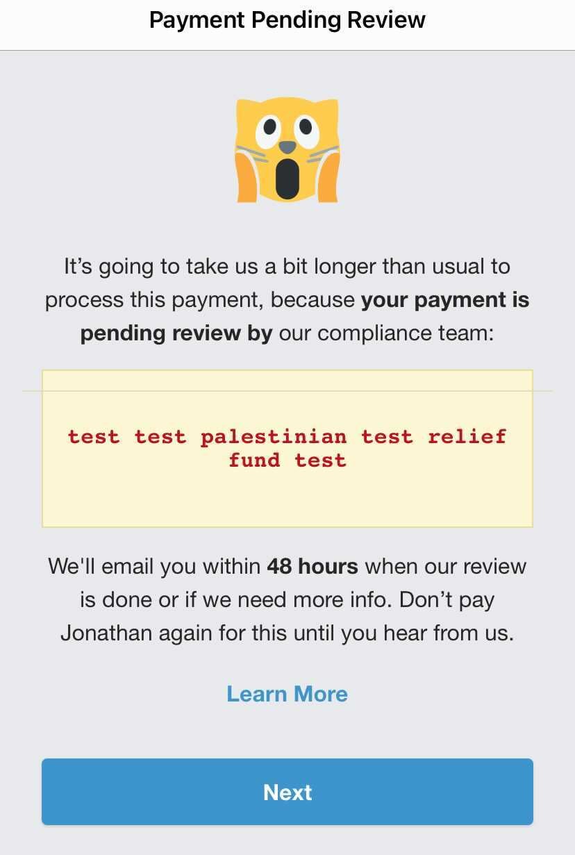 The screenshot presented when Venmo flags your Palestine-related payment. (Screenshot: Shoshana Wodinsky (Gizmodo))