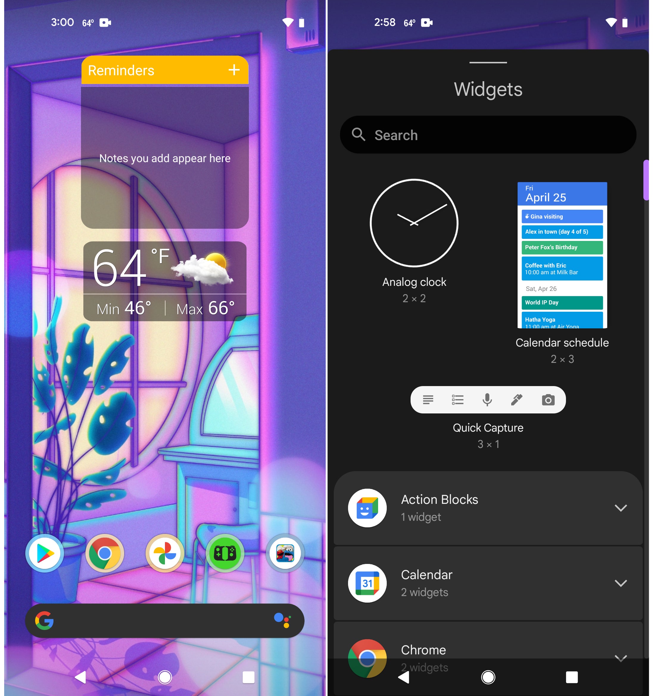 Widgets aren't fully ready for customisation in the latest Android 12 beta, but there is a new Widgets menu to peruse.  (Screenshot: Florence Ion / Gizmodo)
