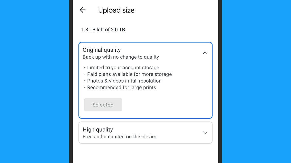 Choose your upload size. (Screenshot: Google)