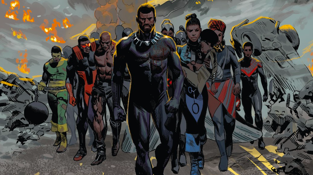 T'Challa and his allies. (Image: Daniel Acuña, Brian Stelfreeze/Marvel)
