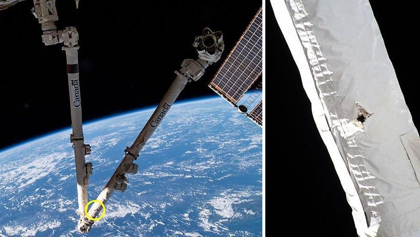 Images showing the new hole on Canadarm2.  (Photo: NASA/CSA)