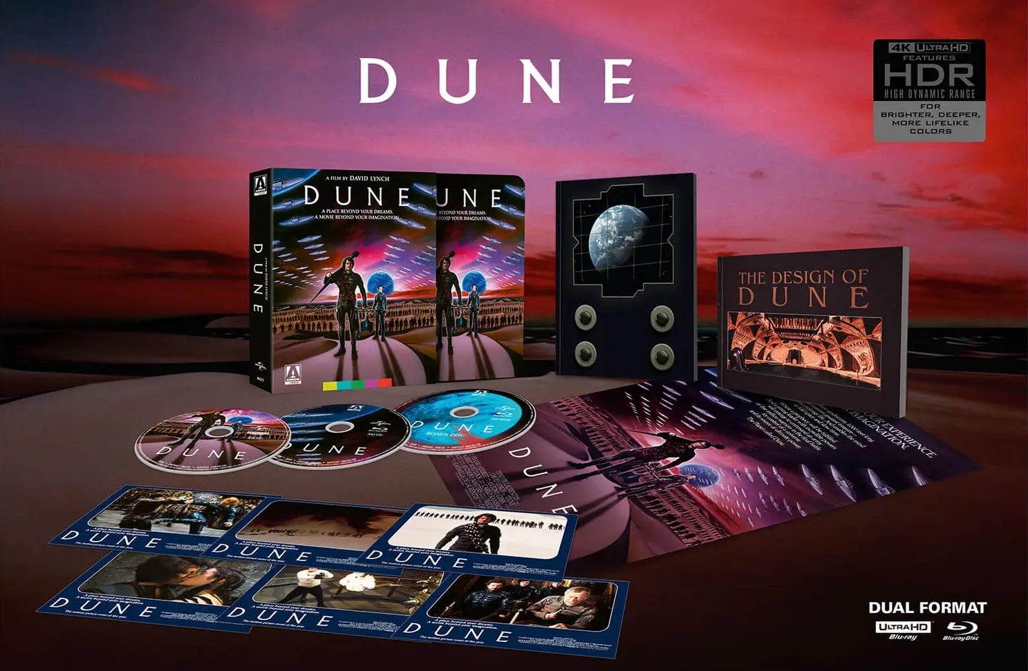 The contents of the Dune Limited Edition Deluxe 4K Ultra HD Steelbook set, not to be confused with the Dune Limited Edition 4K Ultra HD Steelbook set. (Image: Universal/Arrow Video)