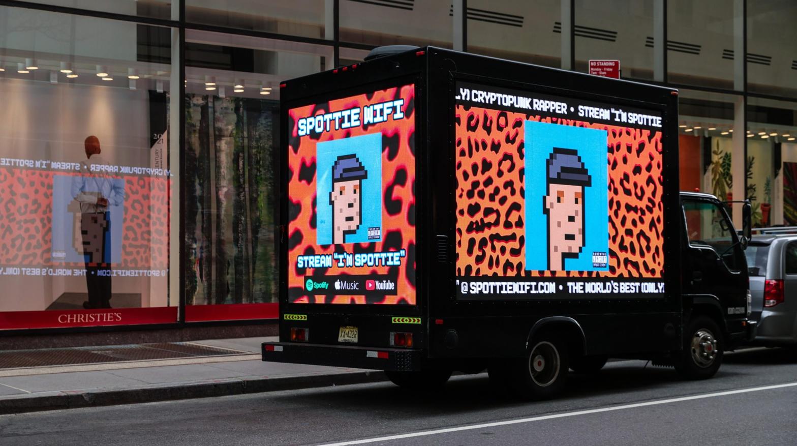 A truck parked outside of Christie's in New York on May 11 displaying a CryptoPunk NFT. (Photo: Dia Dipasupil, Getty Images)