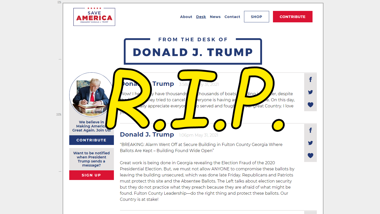Screenshot: From the Desk of Donald J. Trump (Archive.is), Fair Use
