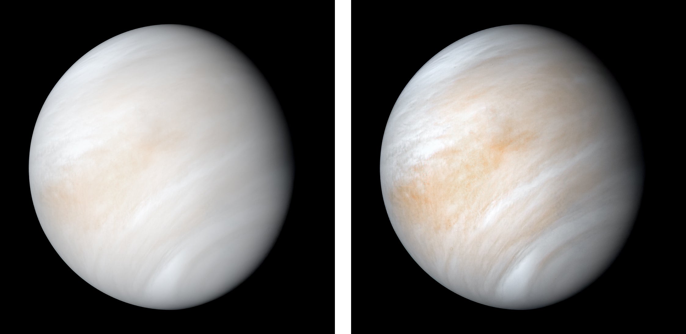 An image of Venus taken by Mariner 10 in 1974 (left) and a recently enhanced version of the same image (right). (Image: NASA/JPL-Caltech)