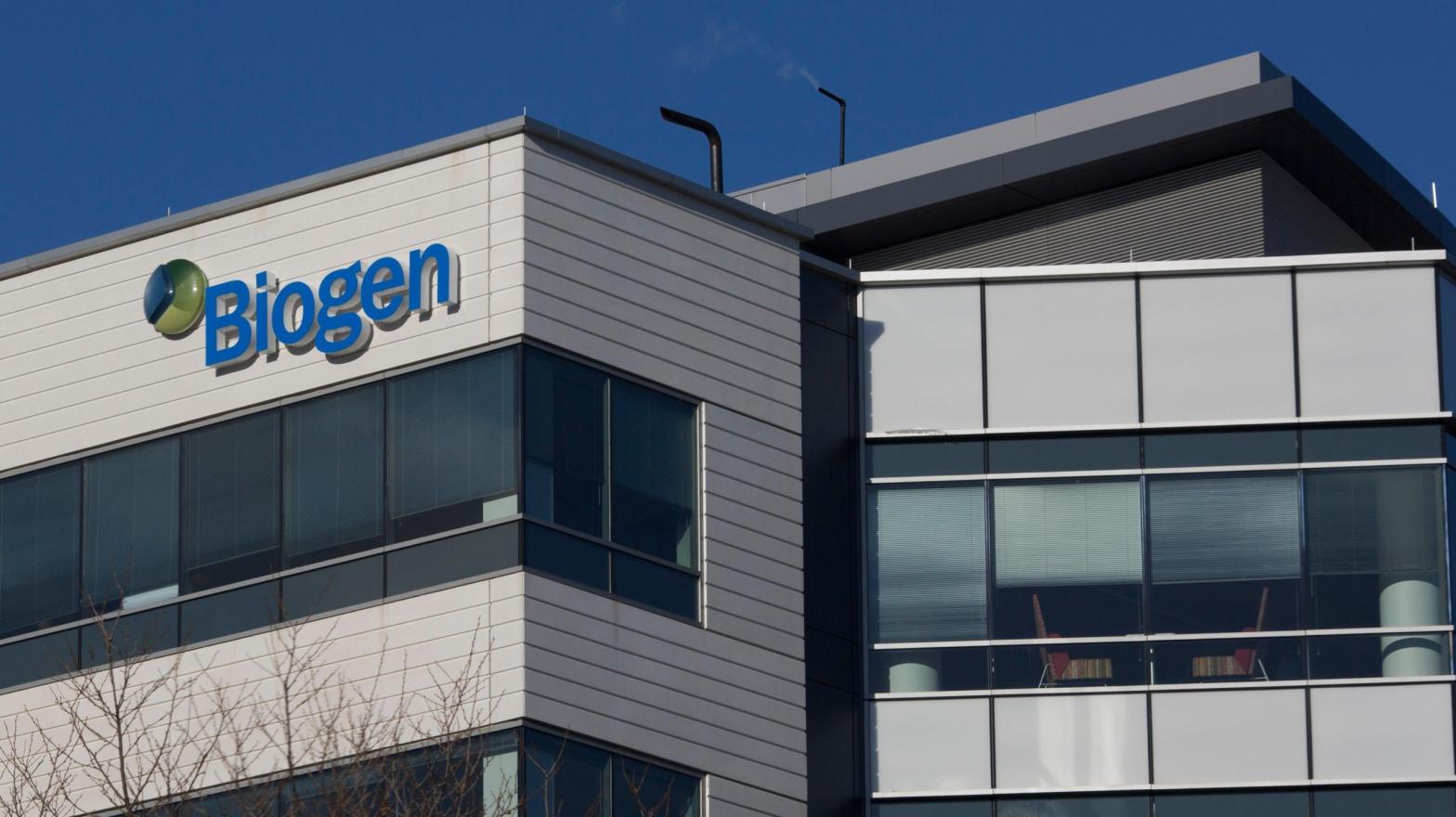 A sign for biotechnology company, Biogen, Inc. is seen on a building in Cambridge, Massachusetts, on March 18, 2017 (Photo: Dominick Reuter, Getty Images)