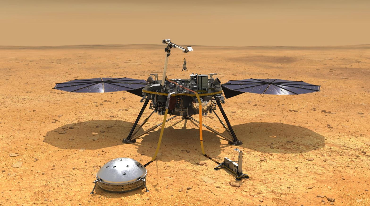 A mock-up of the InSight lander with its unfurled solar panels. (Illustration: NASA/JPL-Caltech)