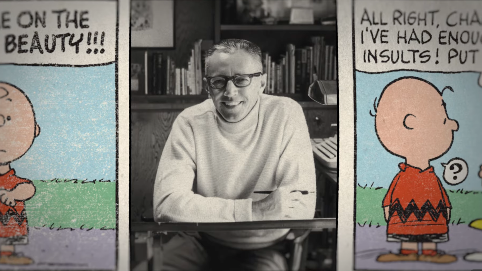 Charles Schulz at his drawing desk, where the Peanuts magic was made. (Screenshot: Apple TV)