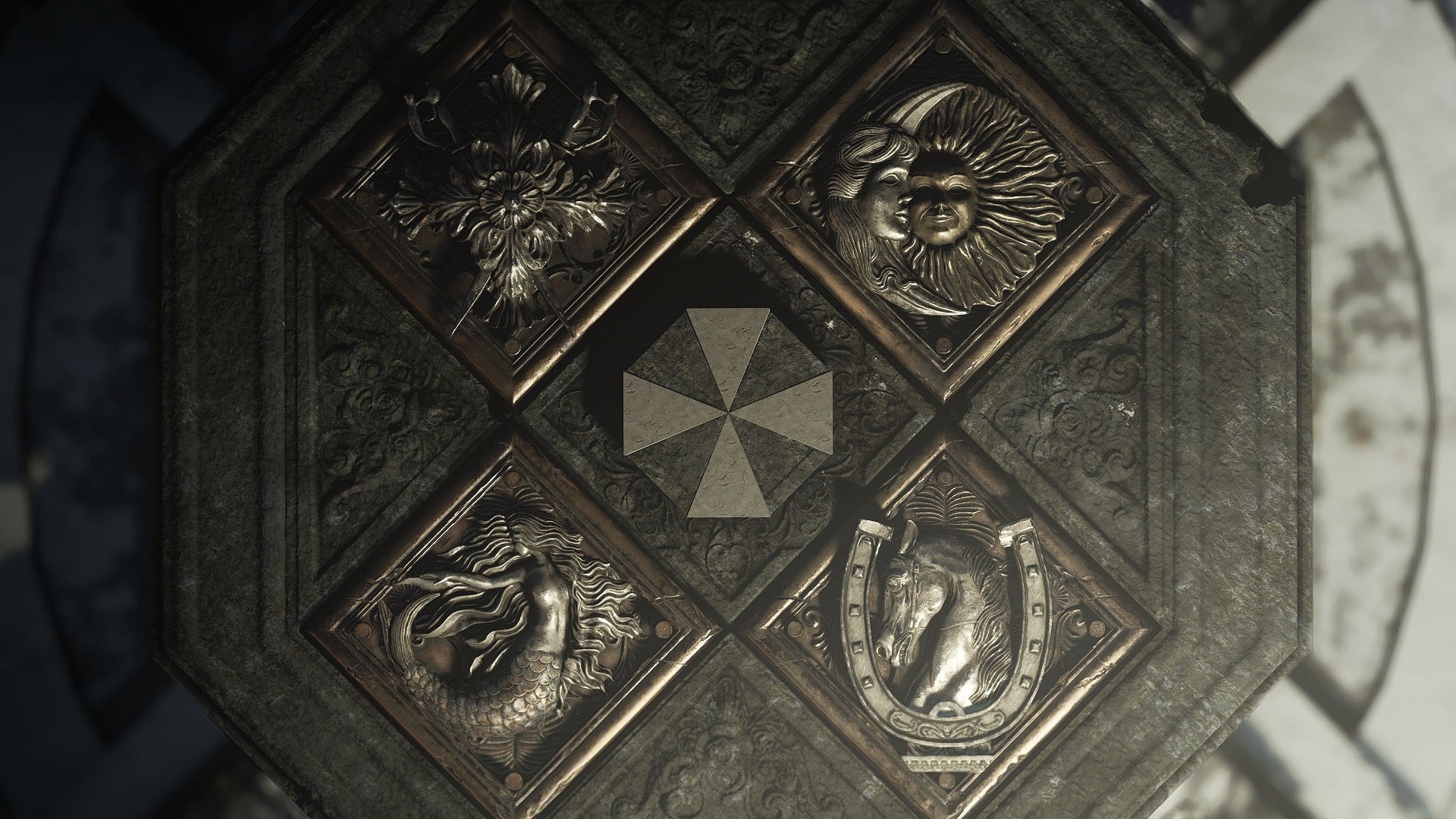 The seals of the Four Lords of the village and the Umbrella logo. (Image: Capcom)