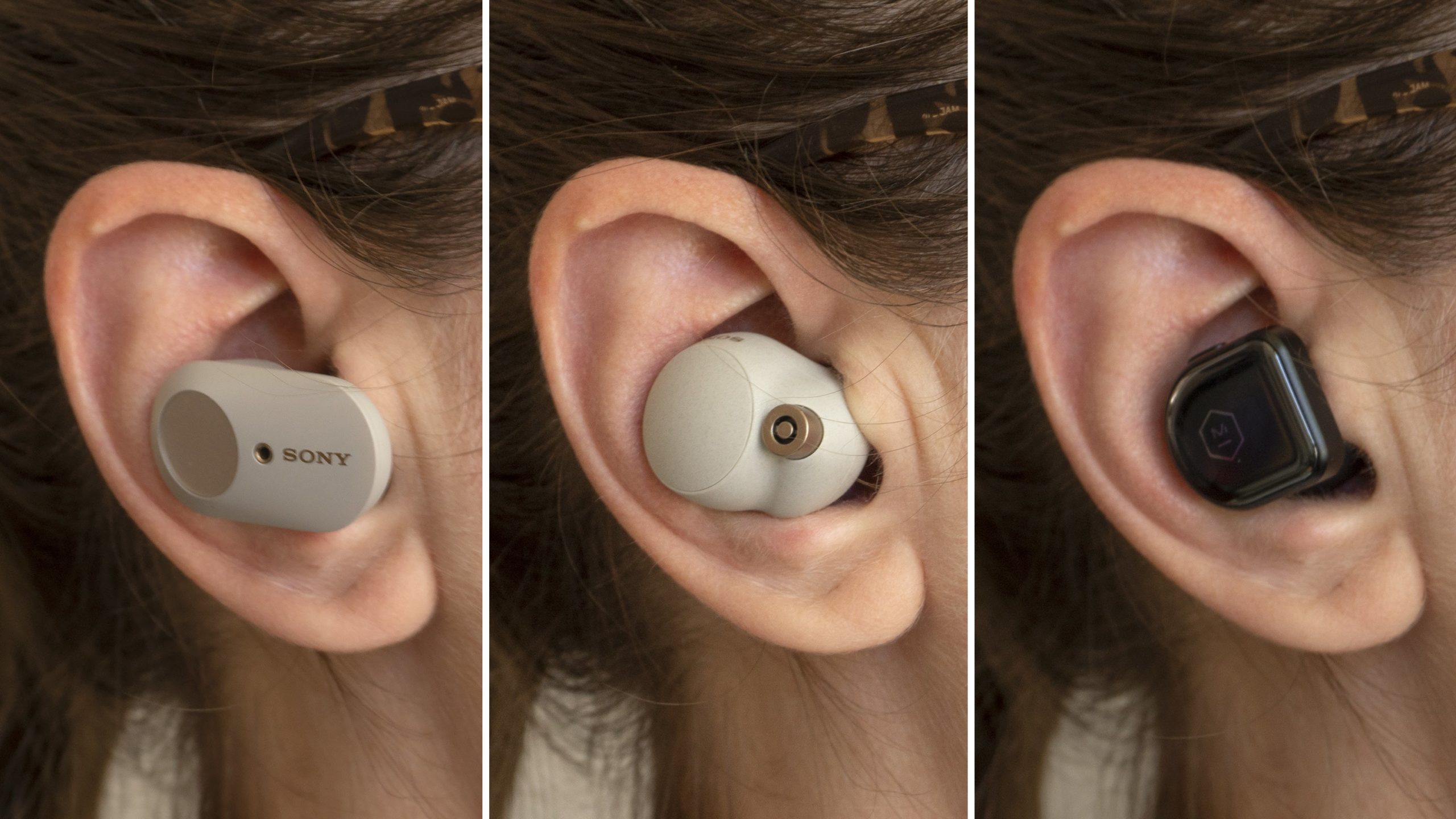'The Sony WF-1000XM3 (left) and Sony WF-1000XM4 (centre) earbuds do tend to stick out of your ear more than options like Master & Dynamic's MW08s (right). (Photo: Andrew Liszewski/Gizmodo)