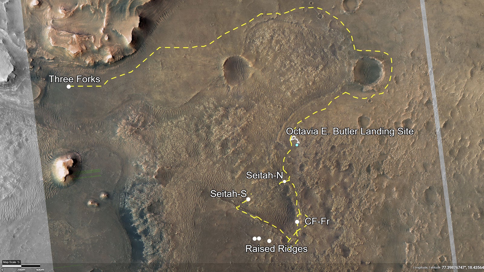Annotated map showing Percy's planned route.  (Image: NASA/JPL-Caltech/University of Arizona)