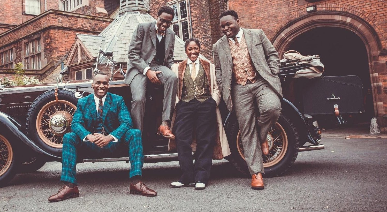 The Timewasters cast in their excellent 1920s outfits. (Image: Amazon Studios/IMDb TV)