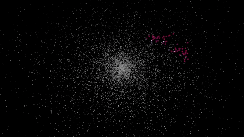 A clip of the new visualisation. White dots are unsettled stars, magenta spheres are settled stars, and white cubes are starships in transit.  (Gif: J. T. Wright et al., 2021/The American Astronomical Society/Gizmodo)