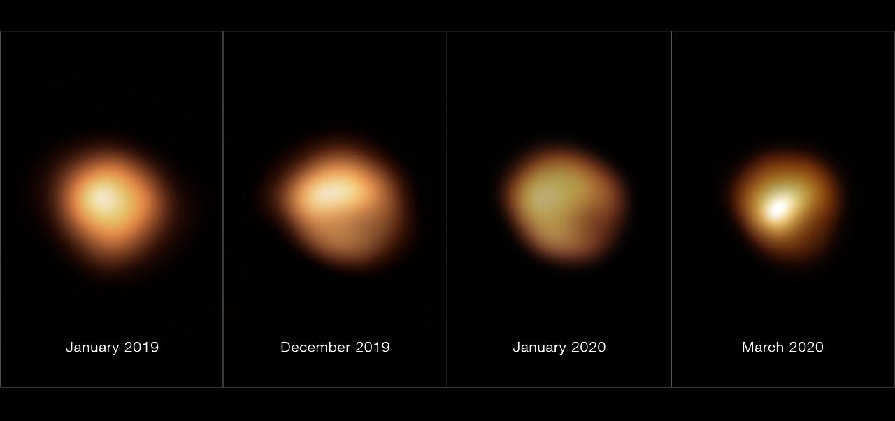 SPHERE images showing Betelgeuse's surface before and during its 2019-2020 Great Dimming. (Image: ESO/M. Montargès et al.)