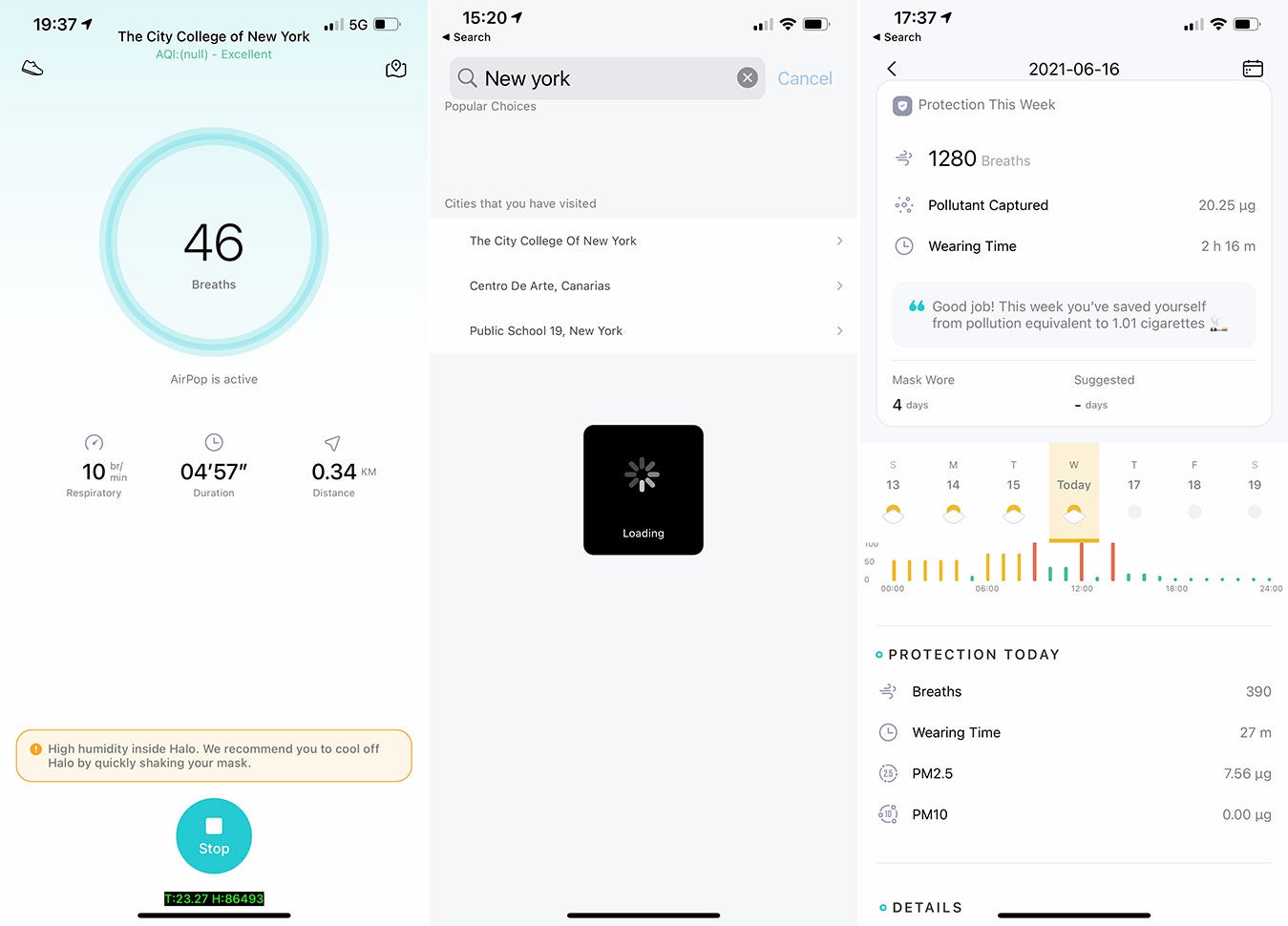 I do not have a respiratory rate of 10 breaths per minute. The middle screenshot shows how the app froze when trying to select my neighbourhood. The last screenshot is what it *should* look like when it actually works. (Screenshot: Victoria Song/Gizmodo)