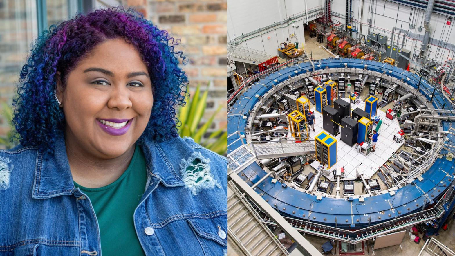 Jessica Esquivel, Ph.D, and an overhead view of the Muon g-2 Experiment. (Photo: Jessica Esquivel, Ph.D and Fermilab)