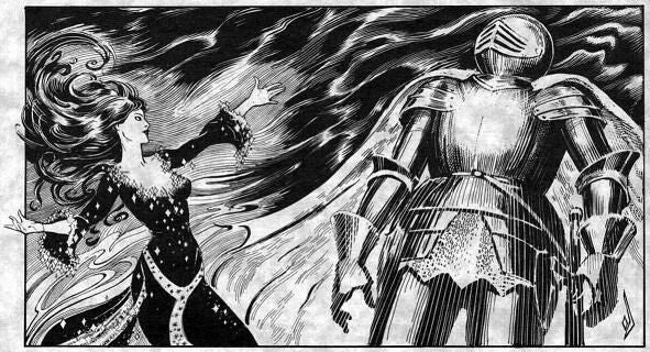 Mystra faces off against Torm in Ned Dameron's drawing from the Shadowdale adventure module. (Image: Wizards of the Coast)