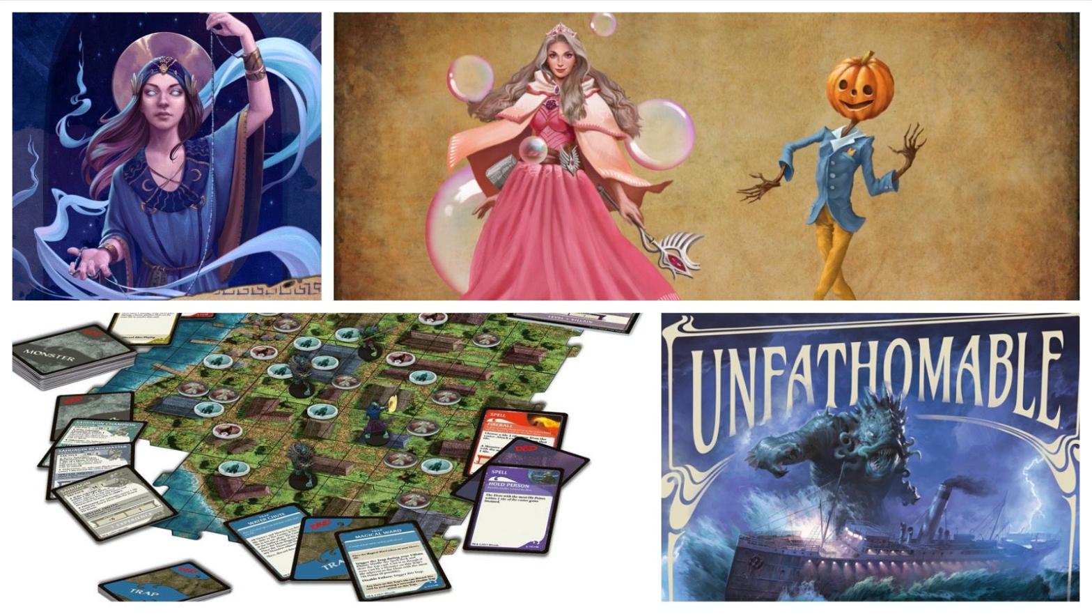 Clockwise from left: The Oracle Story Generator, Adventures in Oz, Unfathomable, and Ghosts of Saltmarsh board game.  (Screenshot: Nord Games,Screenshot: Double Critical,Image: Fantasy Flight Games,Image: WizKids)