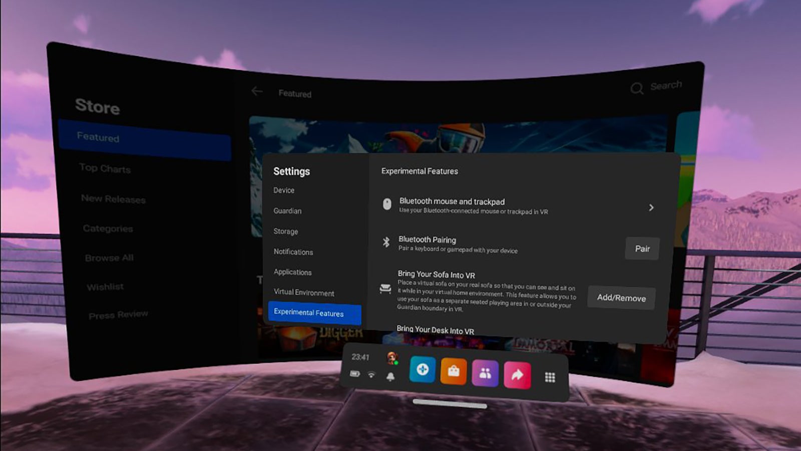 Keyboard, mouse and VR desk support is still being tested. (Screenshot: Oculus)