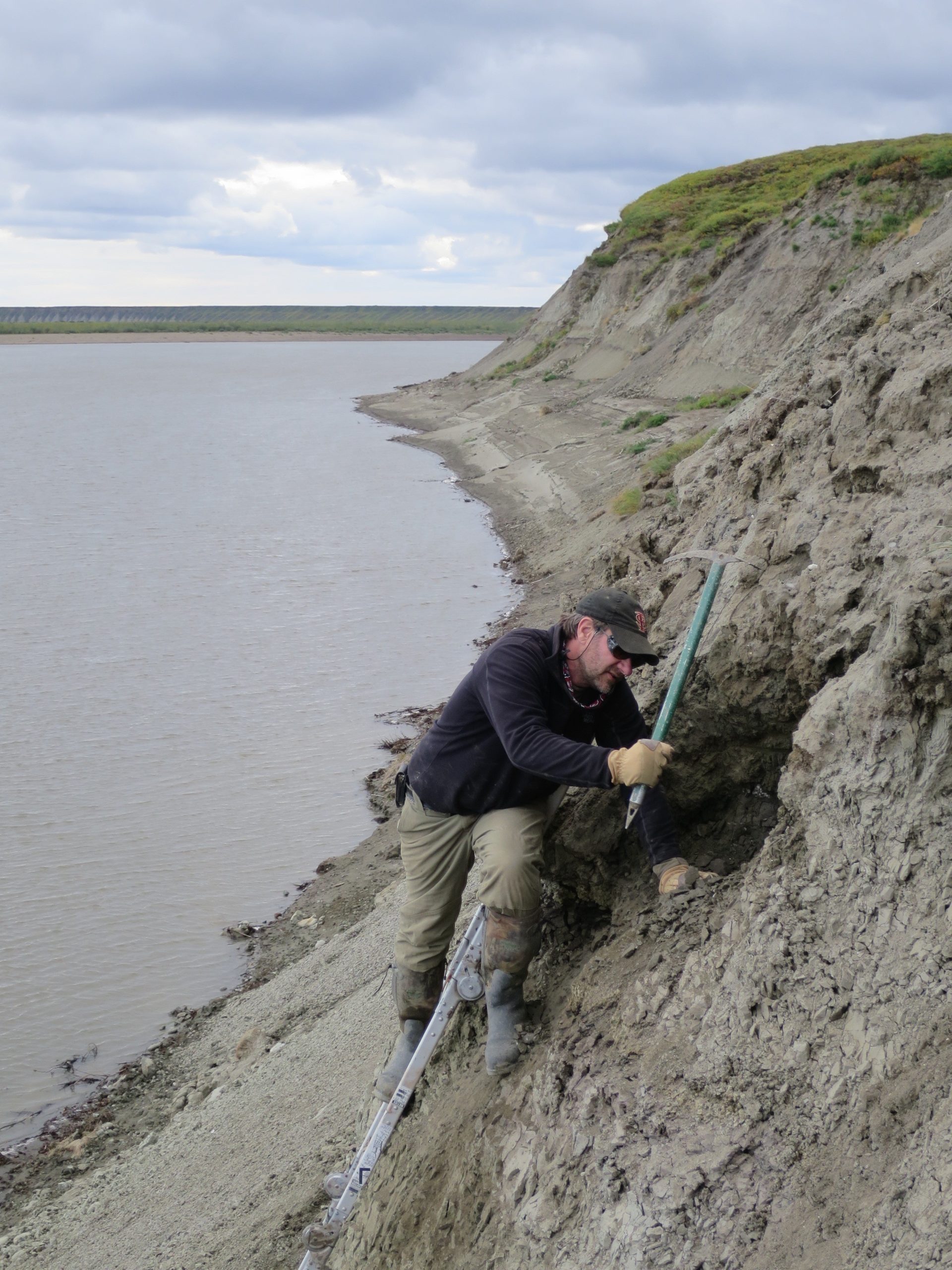 Paleontologist Greg Erickson digs through the fossil layers on the riverbank. (Photo: Patrick Druckenmiller)