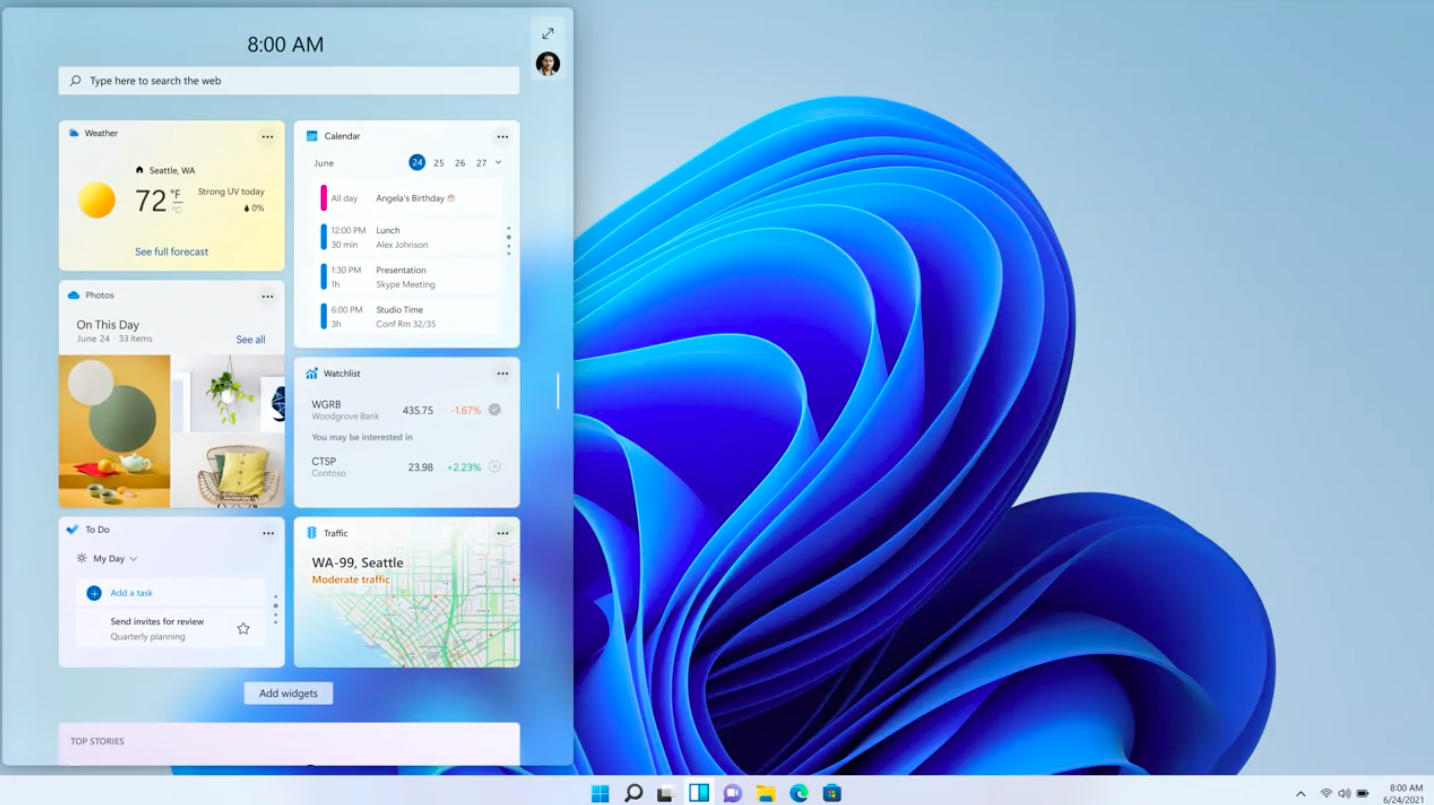 Widgets are fully customisable and sprout up only when you want them. (Screenshot: Microsoft)
