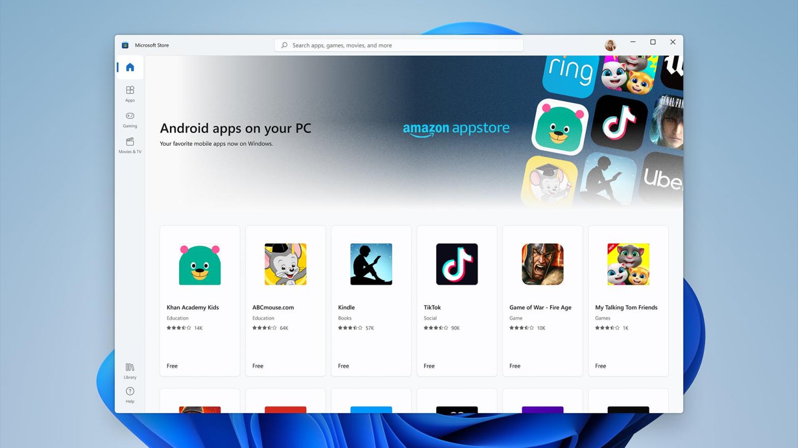 Microsoft is bringing Android apps to Windows 11 via the Amazon Appstore. (Image: Microsoft)