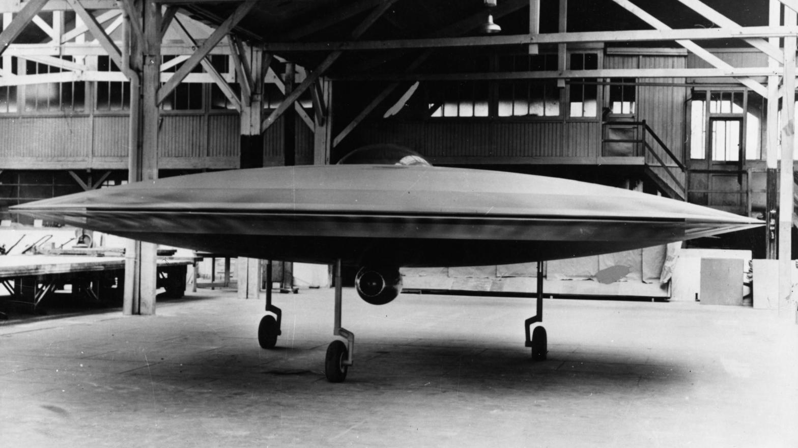 A 3/5 scale model of a proposed VTOL 'flying saucer' aircraft, the Couzinet Aerodyne RC-360, on display at a workshop on the Ile de la Jatte in Levallois-Perret, Paris, 1955. (Photo: Keystone/Hulton Archive/Getty Images, Getty Images)