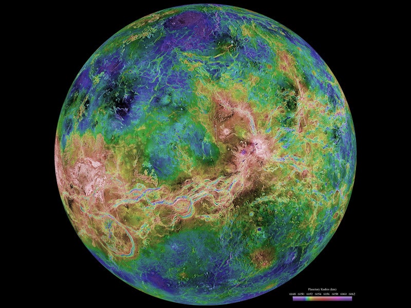 A hemispheric radar image of the Venusian surface, taken using Magellan data. (Image: NASA/JPL/USGS)