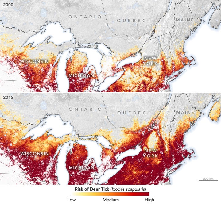 Using data from Kotchi's study, this map shows how the risk of coming across Lyme-carrying ticks has changed in parts of the U.S. between 2000 to 2015.  (Photo: NASA Earth Observatory)