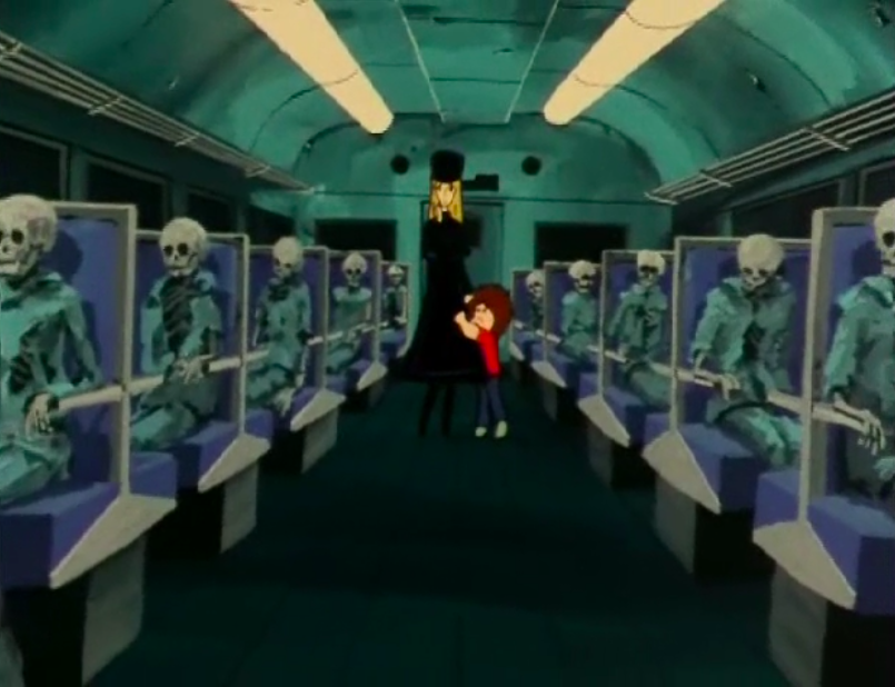 Maetel and Tetsuro discovering a train full of dead passengers. (Image: Crunchyroll)