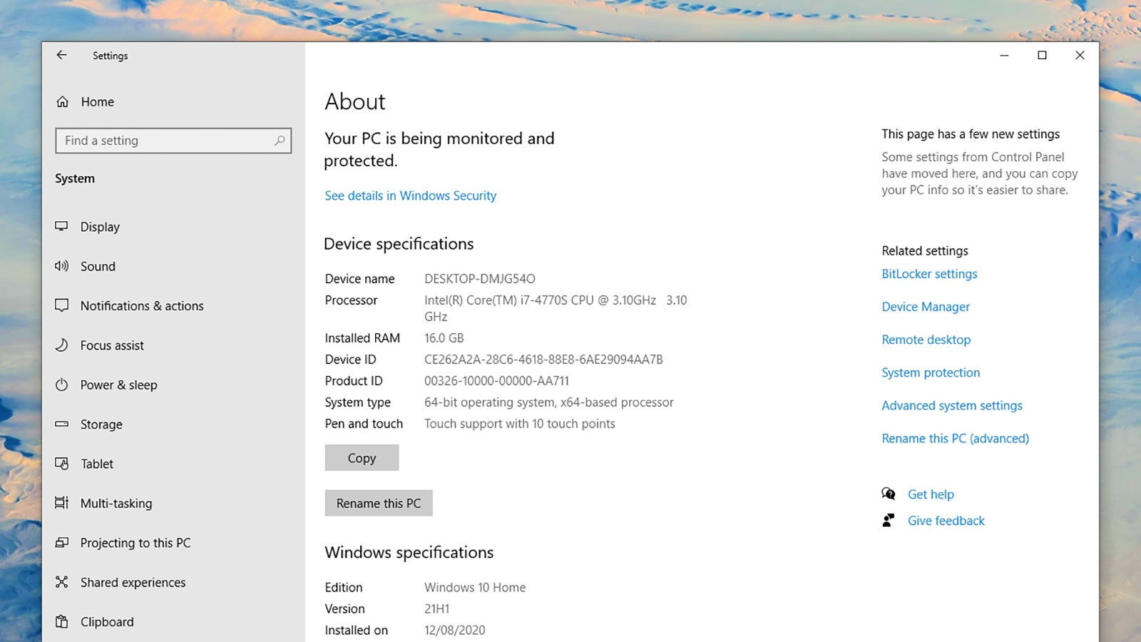Windows 10 will tell you most of your PC's specs. (Screenshot: Windows 10)