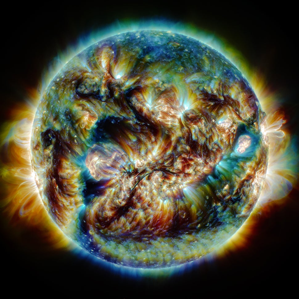 The Sun, as seen through three different wavelengths. (Image: Royal Observatory Greenwich/Hassan Hatami (Iran))