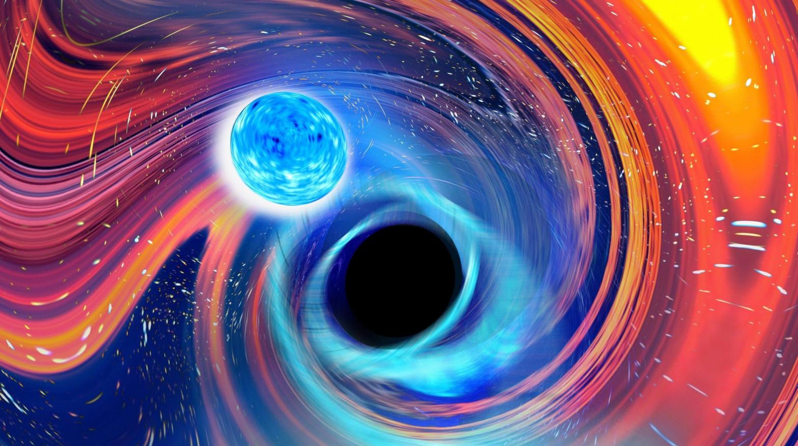 An artist's depiction of a black hole engulfing a neutron star. (Illustration: Carl Knox, OzGrav/Swinburne)