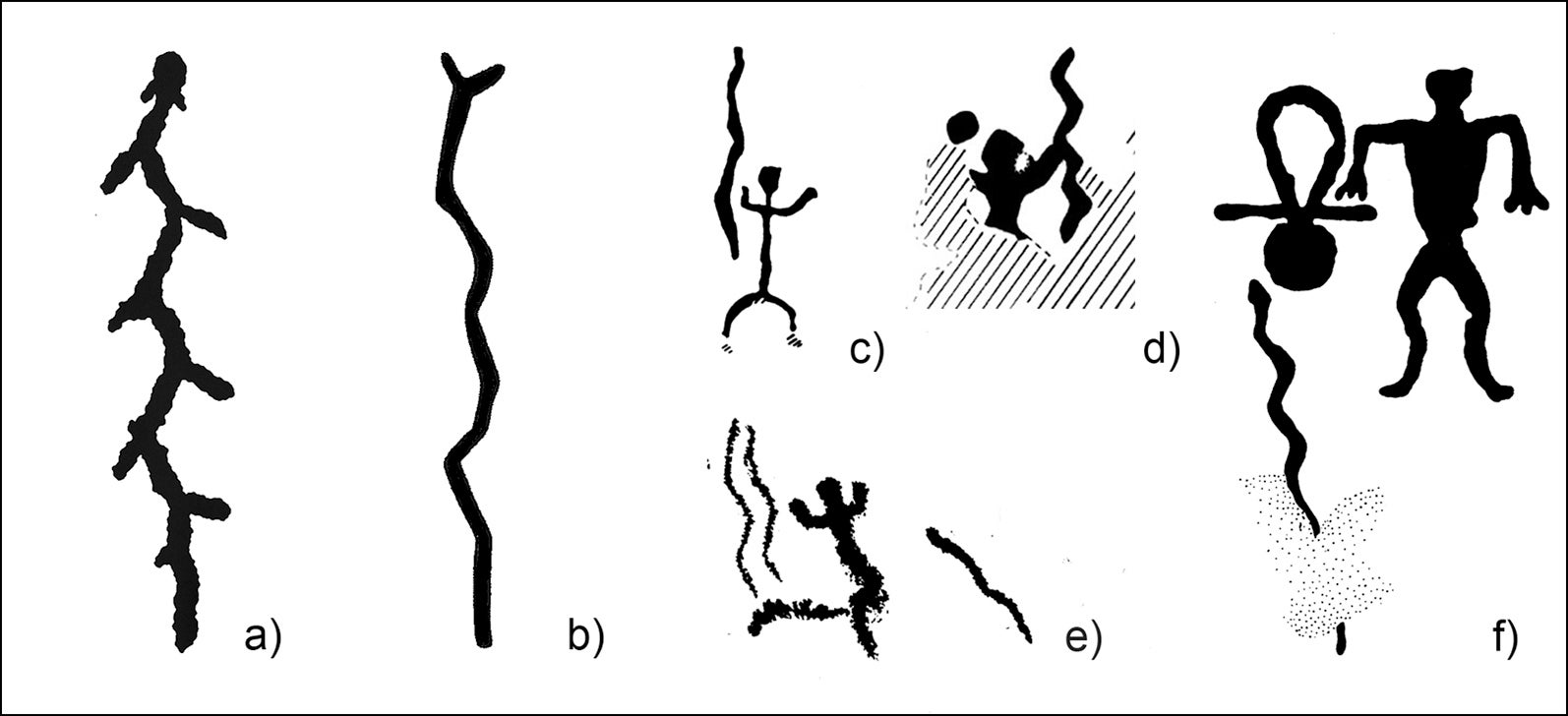 Rock art from the same time and region depict human figures carrying snake-like objects.  (Image: S. Koivisto et al., 2021/Antiquity)