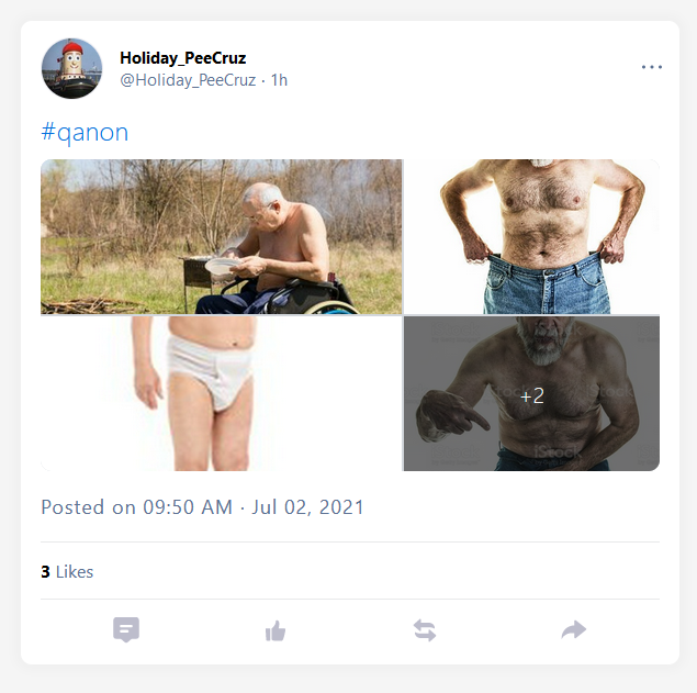 Photos of half-dressed old men, some in diapers, that appeared in a search for QAnon on GETTR on Friday. (Screenshot: GETTR)