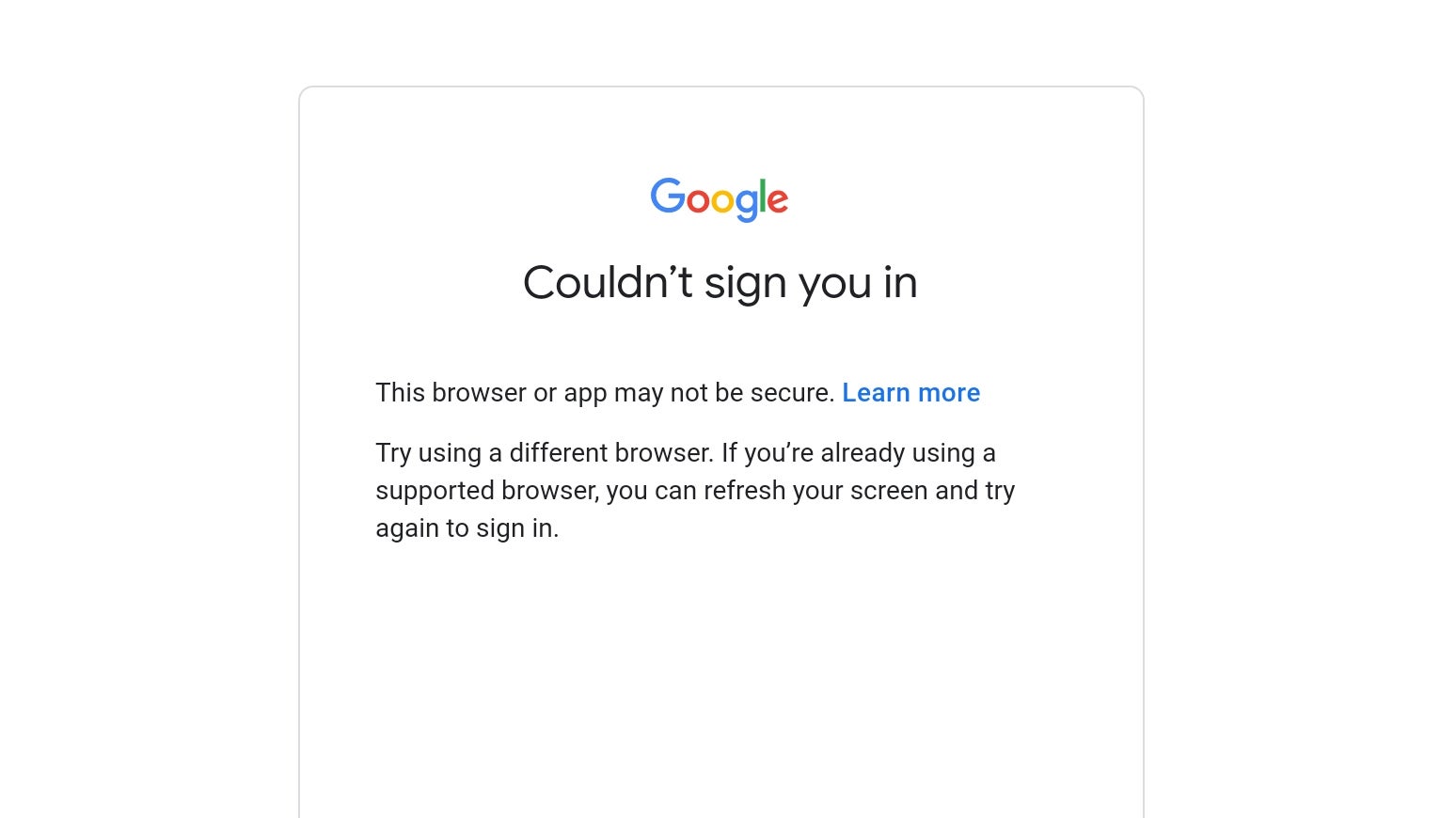 I was constantly faced with this error message when trying to log in with my Google account.  (Screenshot: Florence Ion / Gizmodo)
