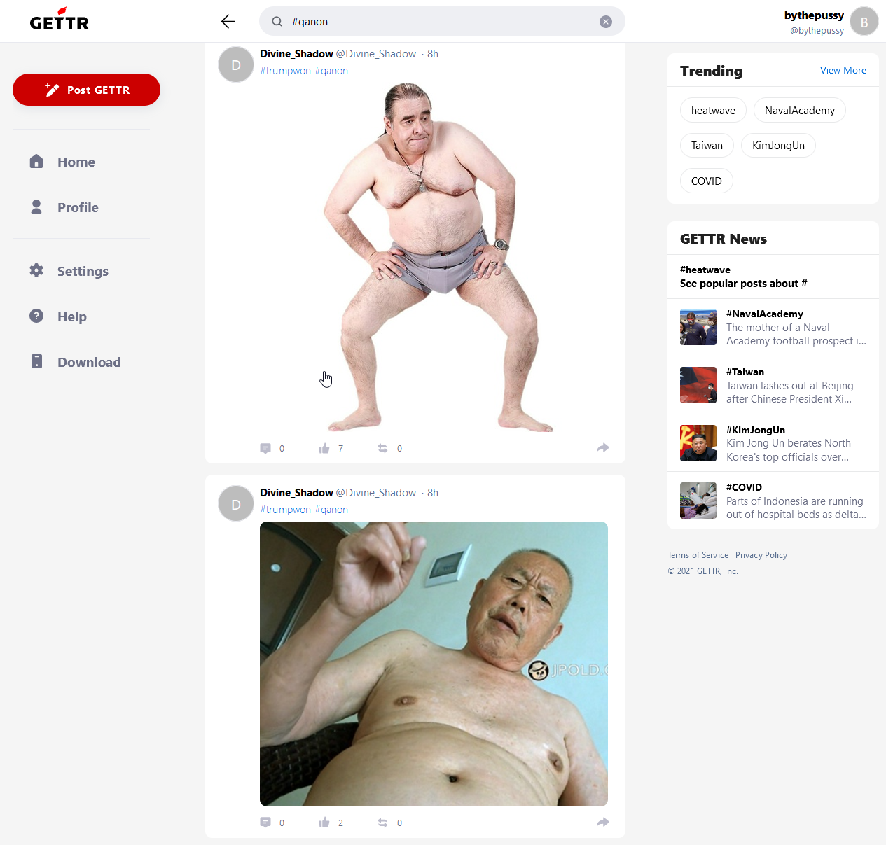 Photos of half-dressed old men, some in diapers, that appeared in a search for QAnon on GETTR on Friday. (Screenshot: GETTR)