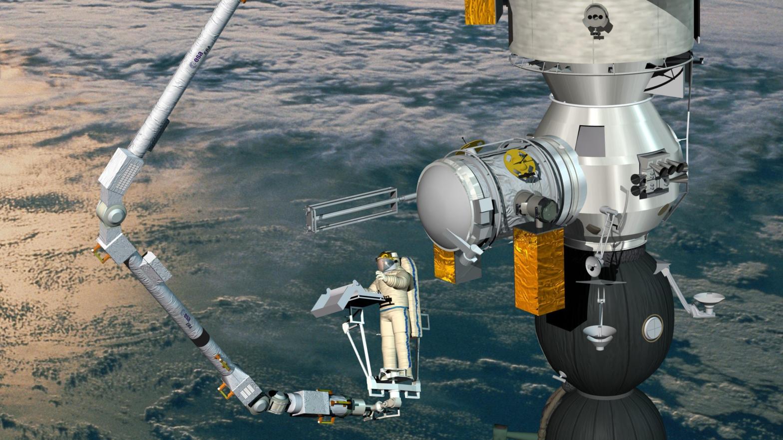 Artist's depiction of the new arm in action, with an astronaut working on the external control station.  (Image: ESA)