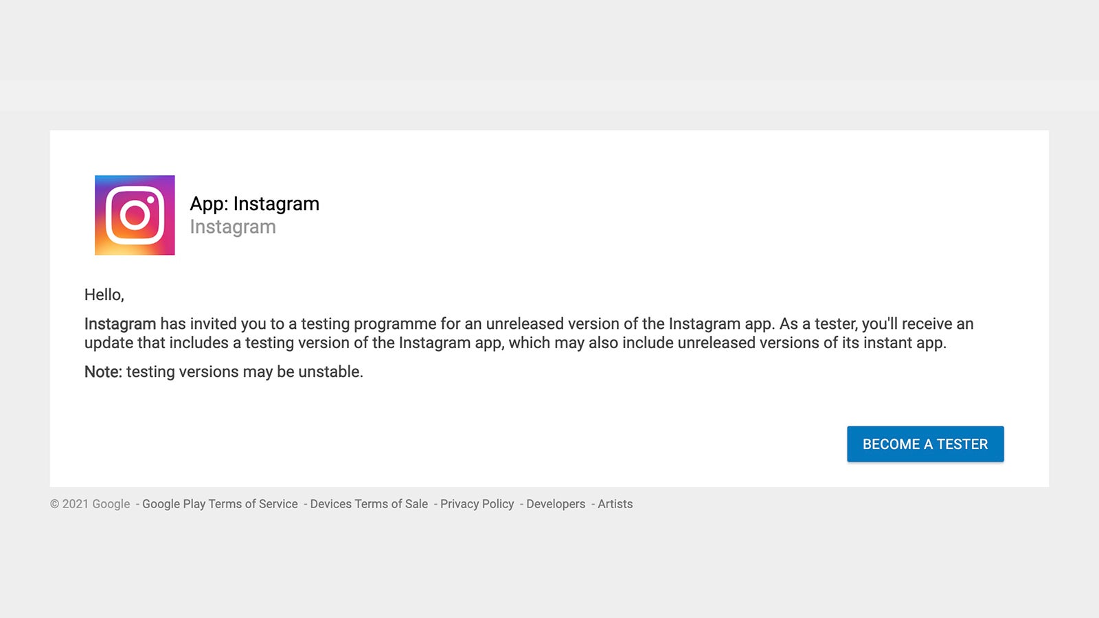 You can also beta test Android apps — including Instagram. (Screenshot: Google)
