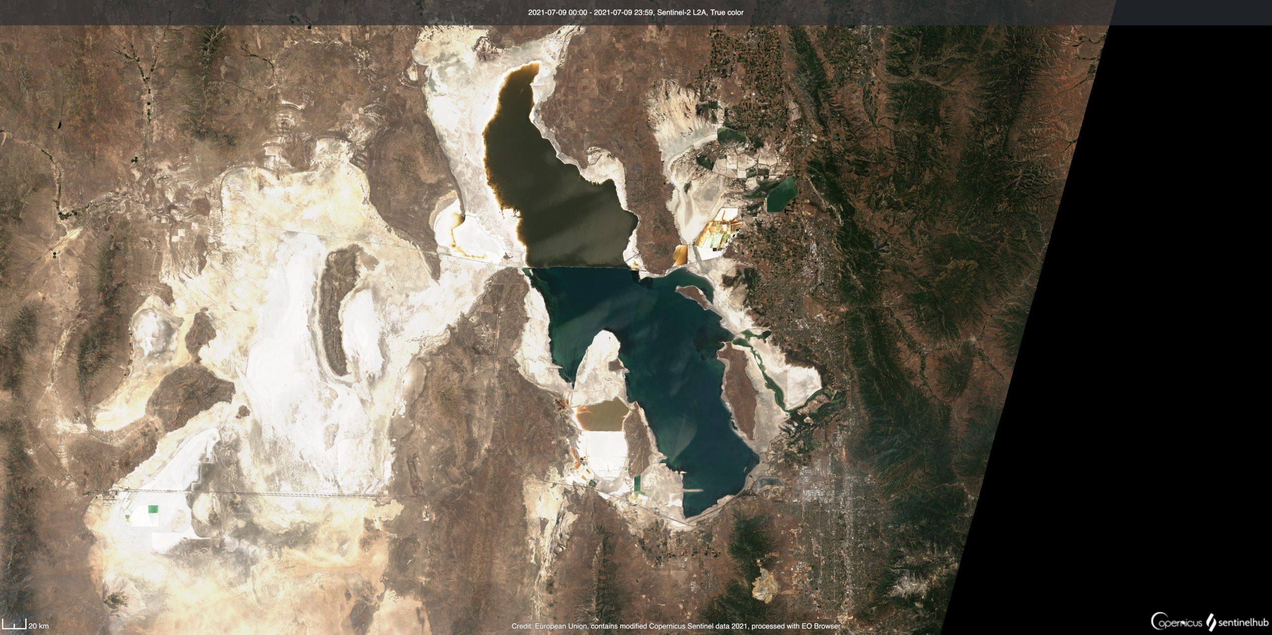 A satellite image of the Great Salt Lake captured on July 9, 2021.  (Image: Brian Kahn/Sentinel Hub)