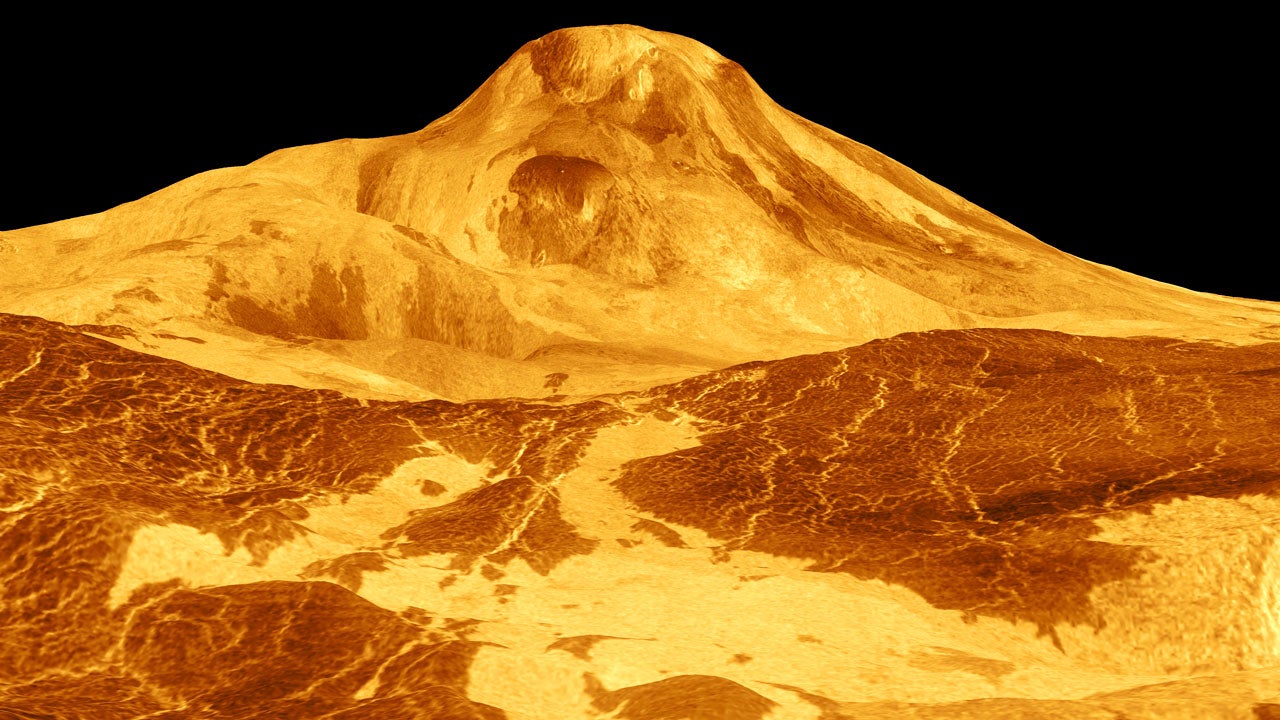 A 1991 simulated-colour radar image of Maat Mons, a Venusian volcano, taken by the Magellan spacecraft. (Image: NASA/JPL)