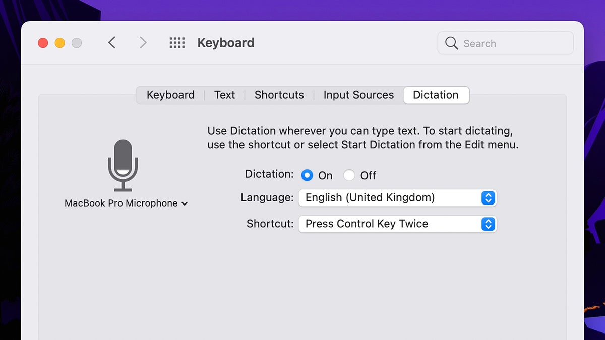 Dictation options in macOS. (Screenshot: macOS)