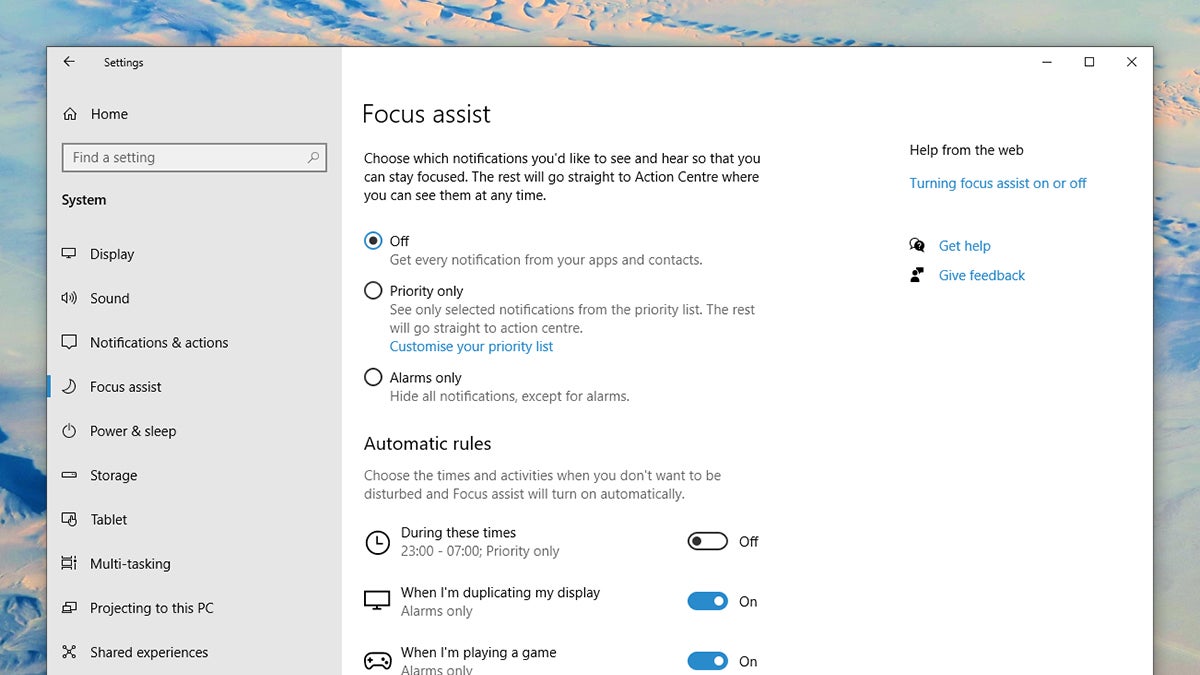 Do Not Disturb in Windows is called Focus assist. (Screenshot: Windows)